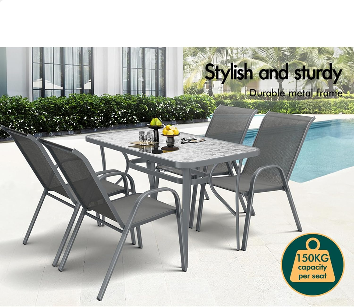 ALFORDSON Outdoor Dining Set, 5 Pcs Garden Patio Furniture with Patio Table and Chairs, All-Weather Textilene Fabric Indoor Bar Set for Patio, Garden, Lawn, Balcony and Swimming Pool Side, Grey Color