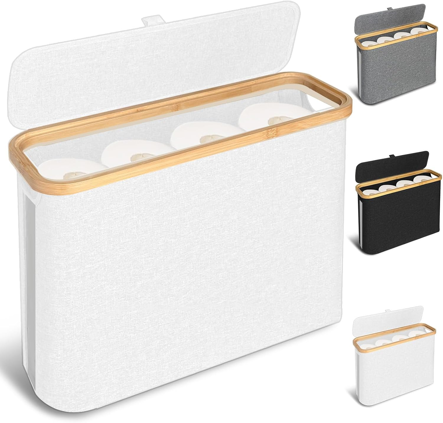 FYL Toilet Roll Storage, Toilet Paper Storage, Portable Foldable Water-Repllent Bamboo Toilet Paper 12 Rolls Holder Storage with Handle for Bathroom (White)