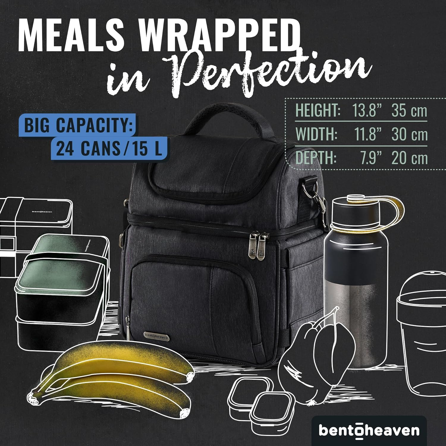 Bentoheaven Lunch Bag & Lunch Box for Men and Women - Premium Materials, Extra Large Capacity (24 Cans) Double Deck - Leakproof Insulated Soft Large Adult Lunch Cooler Bag for Work, Travel (15L,Gray) - Dark Gray image number 6