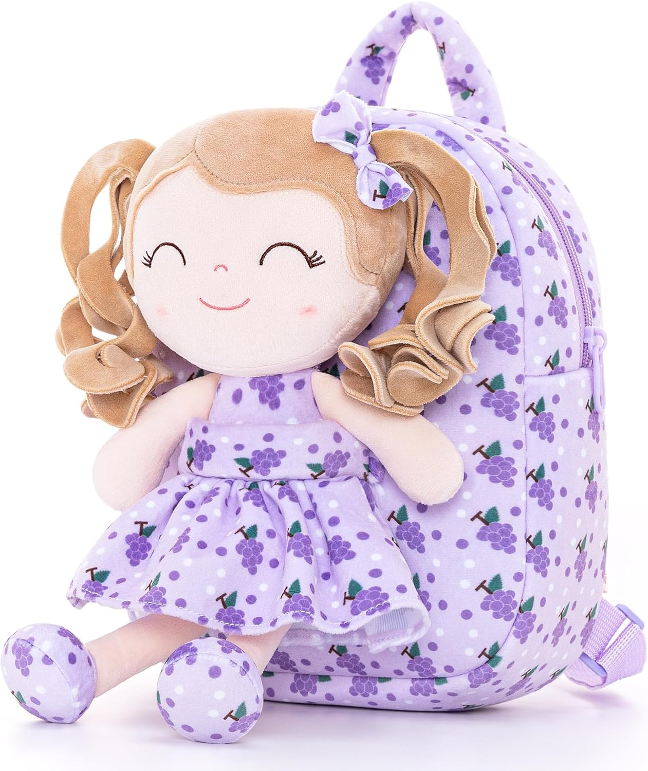 Gloveleya Toddler Backpack Baby Girl Gifts Curly Hair Plush Figures Dress Backpack Kids Backpack Curly Hair Spring Girl Fruit Section-Orange 9Inches