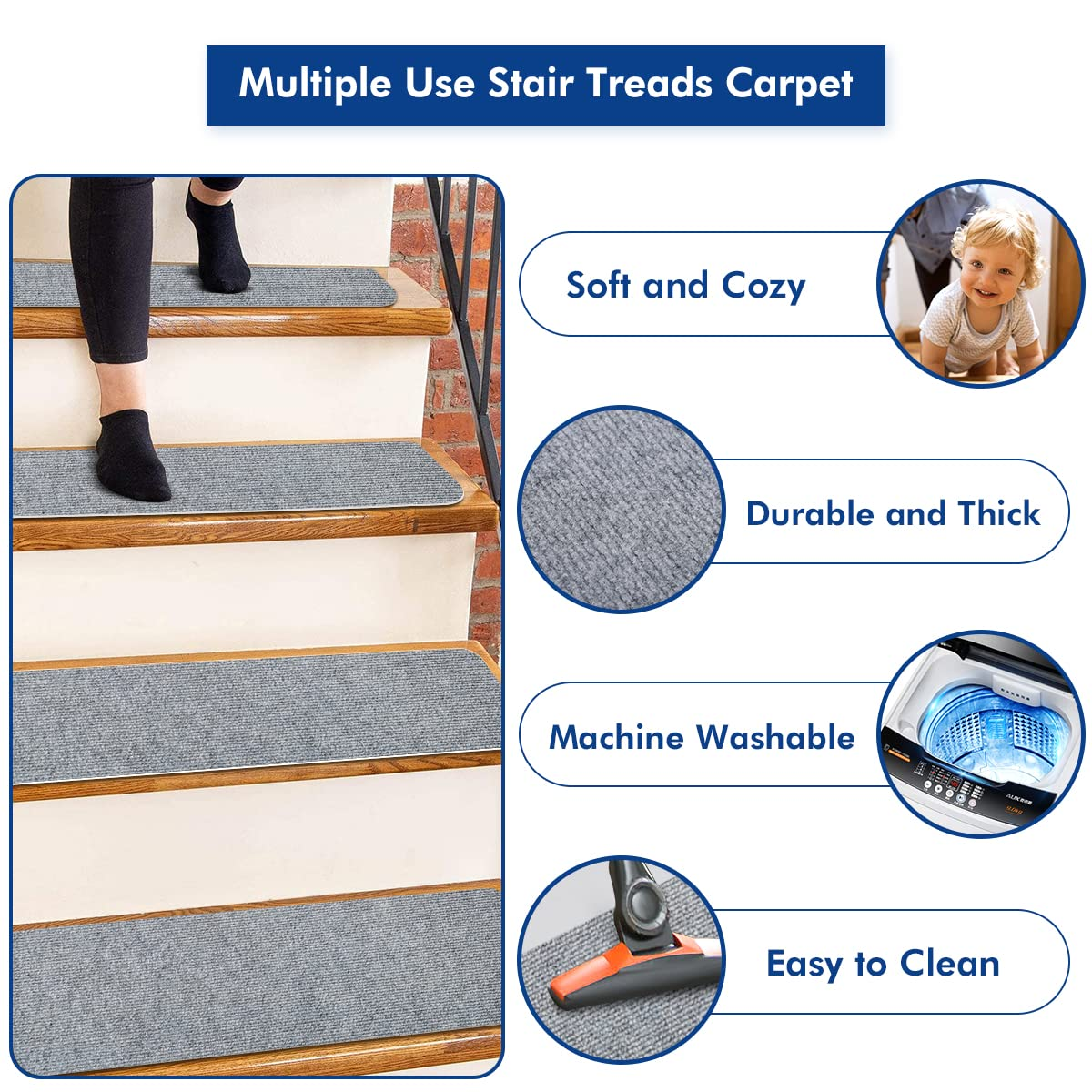 SALLOUS Stair Treads Carpet, Set of 15 Non-Slip Stair Grips Tape, 7.5"X30" Safety Staircase Step Treads for Elders, Strips Stair Traction Treads for Indoors Outdoors (Light Gray) - Brown image number 4