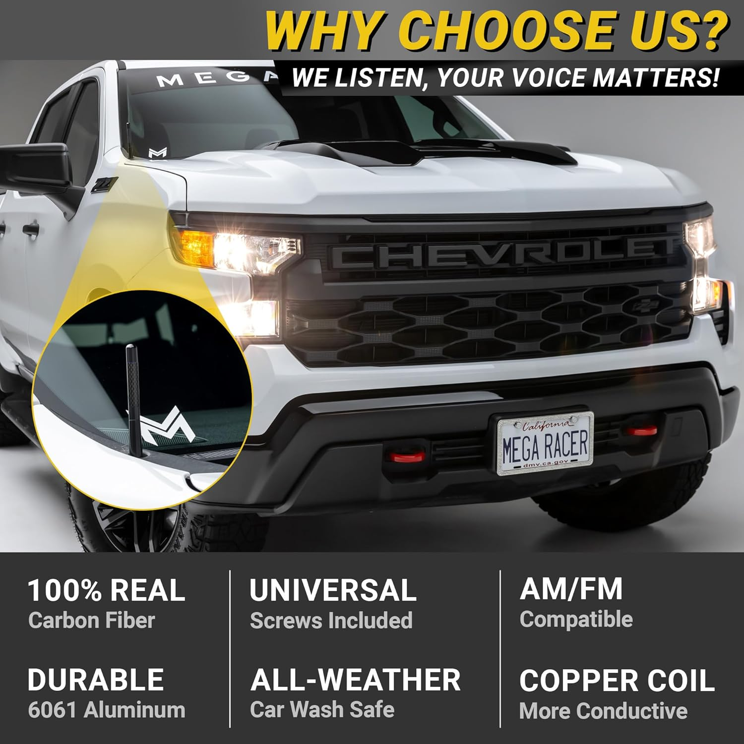 Mega Racer Truck Antenna 1999-2024 Chevrolet Silverado GMC Sierra, 5" Short Black Carbon Fiber Antenna Replacement, Ram Bronco F150 Accessories, Universal Car Antenna for Truck Accessories image number 3