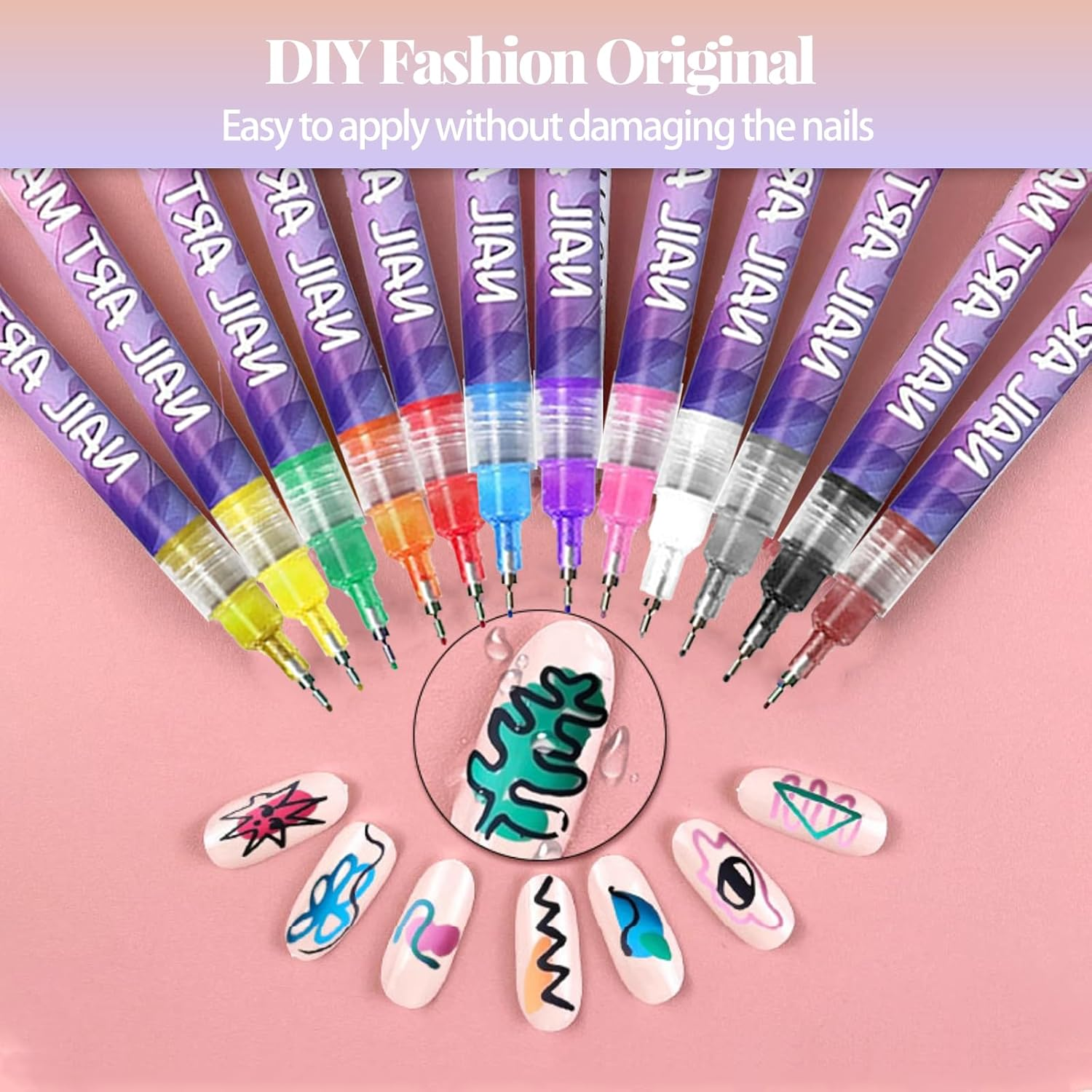 12 Colors Nail Art Pens Set, Nail Art Markers for Gel Nails 0.5Mm Waterproof Quick Dry 3D Acrylic Paint DIY Nail Art Doodle Pens for Home Nail Salon on the Go