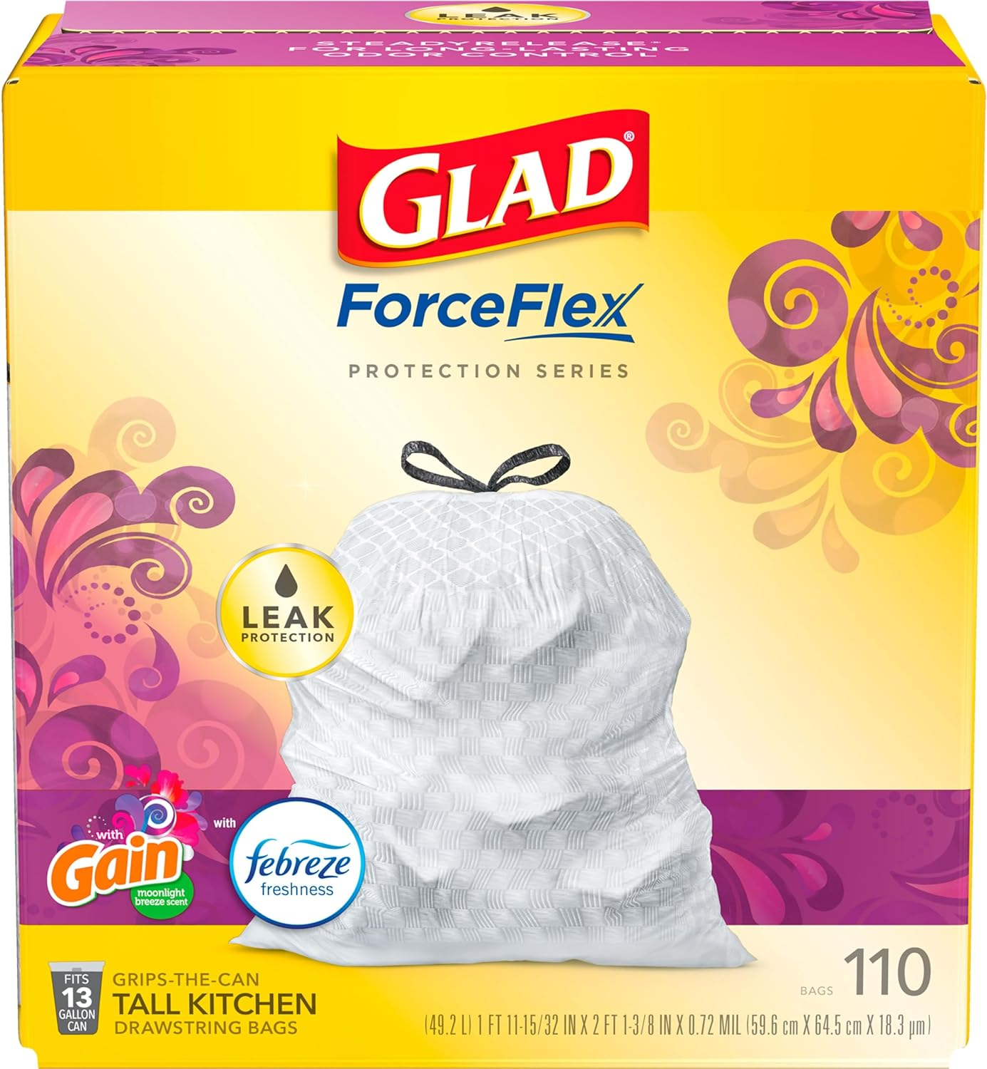 Glad Forceflex Protection Series Tall Trash Bags, 13 Gal, Gain Moonlight Breeze with Febreze, 110 Ct (Package May Vary)