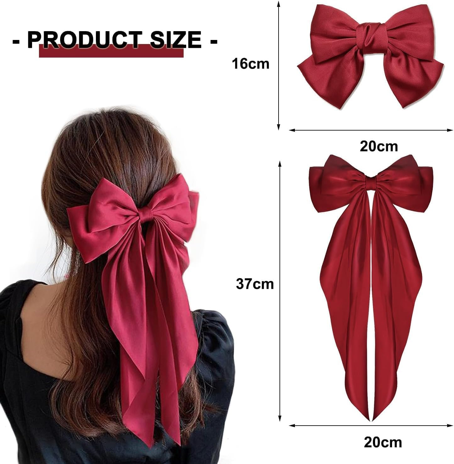 12Pcs Big Bow Barrettes with Long Silky Satin Tail, Large Hair Bow Clips for Women, Girls, Adult Teens - Hair Accessories image number 3