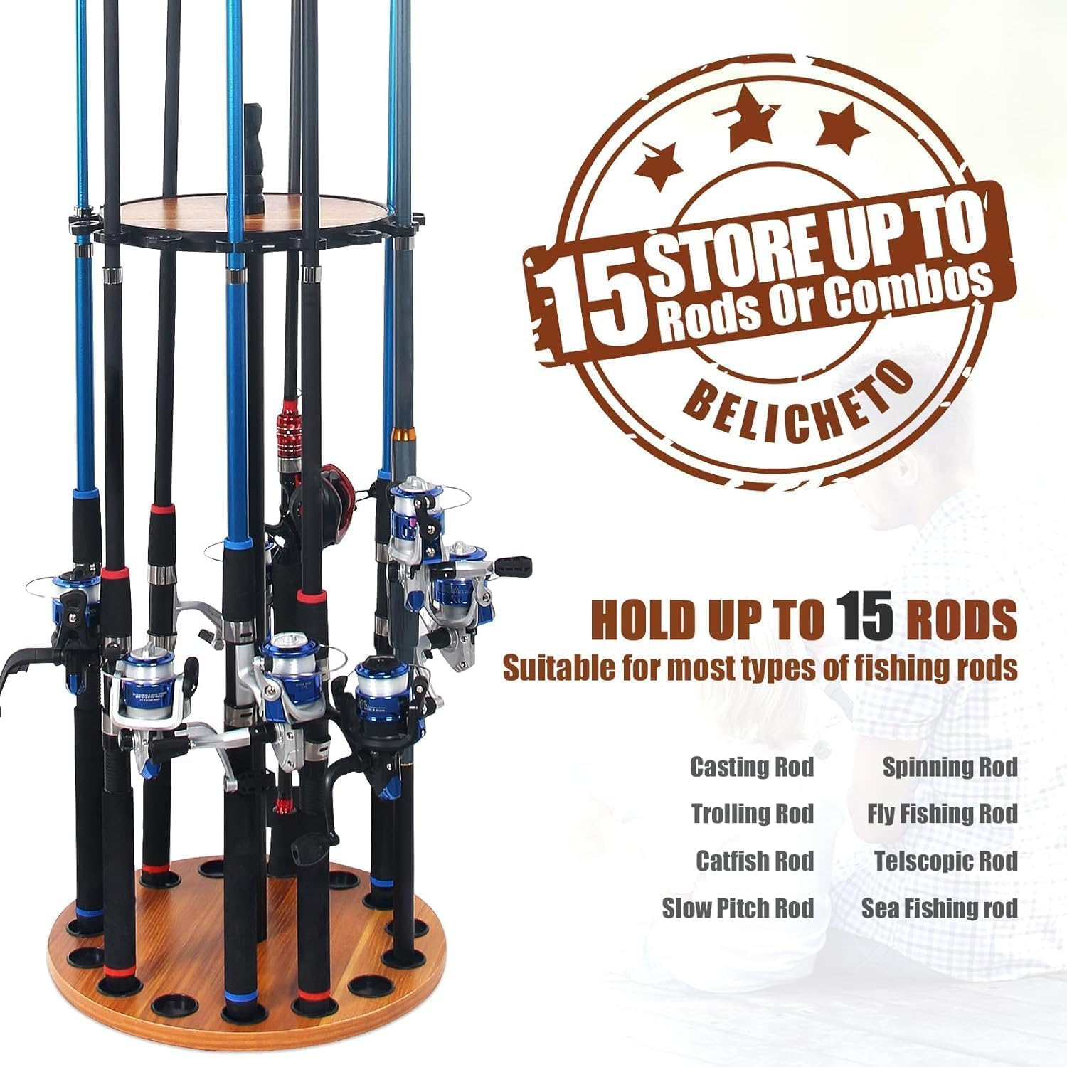 Homodoskey Fishing Rod Rack 15 round Spinning Holds up to 15 Fishing Rods Combos Space-Saving Fishing Rod Storage Holders for Garage No Tool Assembly Wood image number 4