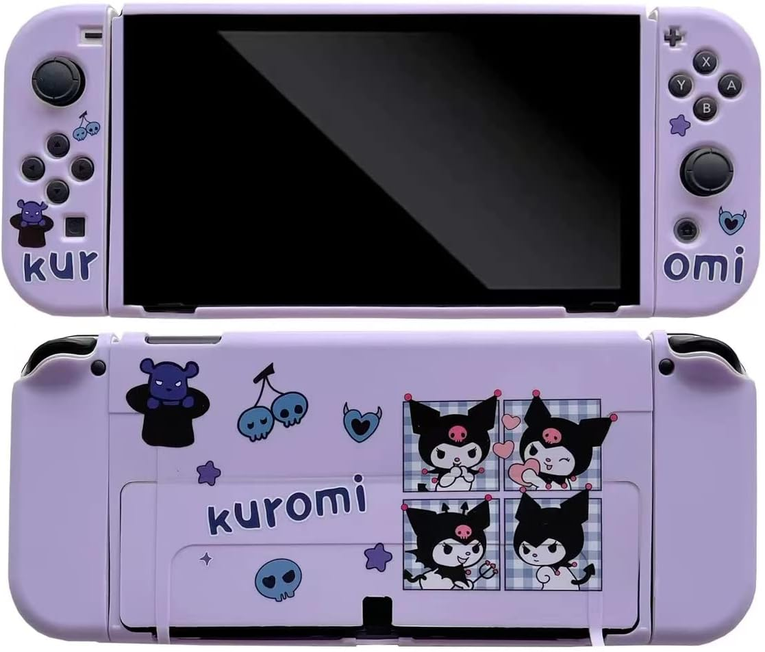 Cute Kuromi Case Compatible with Nintendo Switch OLED, Dockable Case Cover, Ergonomic Soft TPU Grip Case for Joycon, Sparkle Skin Set