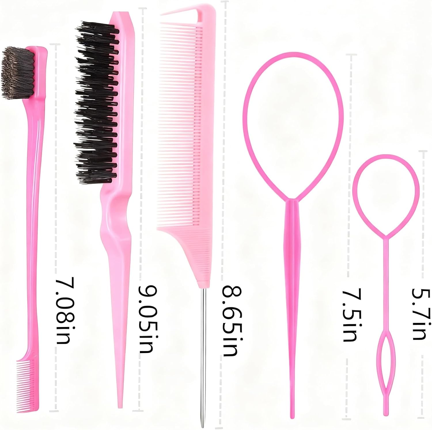 5Pcs Pink Slick Back Brush Set - Topsy Tail Tool, Volumizing Teasing Comb for Women & Girls, Flyaways Control & Edge Styling image number 4