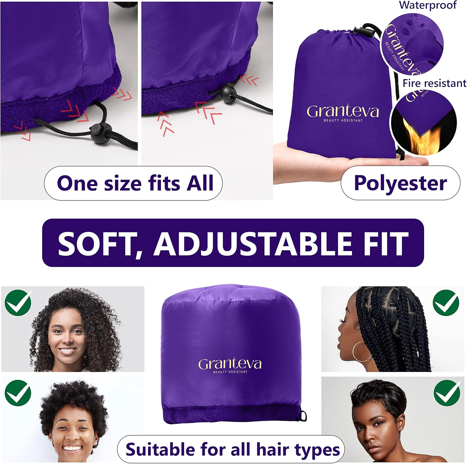 Hair Dryer Bonnet W/A Headband Integrated That Reduces Heat around Ears & Neck - Hair Dryer Diffuser Cap for Hair Dryer Curly Hair, Speeds up Drying Time, Deep Conditioning at Home - Large (Purple) image number 2