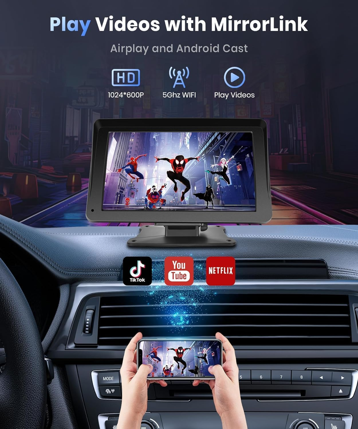 Podofo Portable Car Stereo Wireless Carplay Android Auto,7 Inch Touch Screen Car Radio with Bluetooth Hands-Free/Mirror Link/Maps Navigation/Voice Control/Tf Card/Aux,For Cars, Trucks, Suvs image number 2