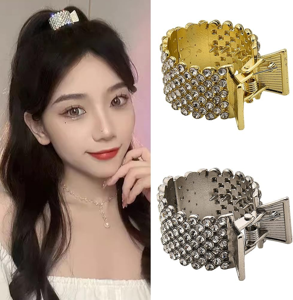 Ponytail Holder Clips Crystal Rhinestone Hair High Ponytail Hair Clips for Women Gold Sliver Metal Hair Barrettes for Thick Thin Hair Pins No Slip Hair Accessories Claw Clips 2 Pcs