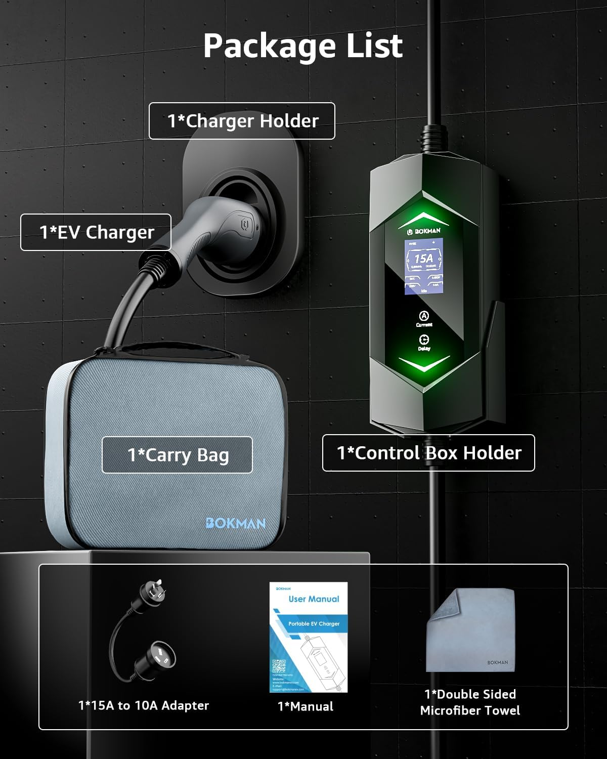 Bokman Type 2 EV Charger, Mode 2 | 10A/15A Adapter | 6A-15A Adjustable Current | 5 Meter, Electric Vehicle Car Type 2 Charging Cable
