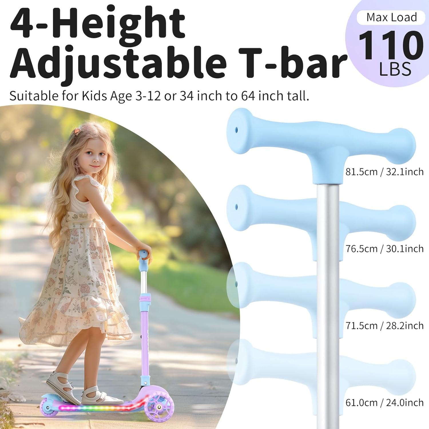 BELEEV A9 Scooters for Kids with Light-Up Wheels & Deck, 3 Wheel Folding Scooter for Girls Boys Ages 3-12, 4 Adjustable Height, Non-Slip Pattern Deck, Kick Scooter Gifts for Children - Black image number 6