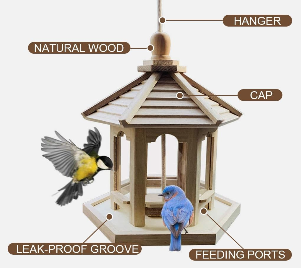 Qttie Wooden Bird Feeders for Outdoors Hanging Bird Feeder, Transparentbird Feeder, Wild Bird Seed for outside Feeders and Garden Decoration Yard for Bird Watchers image number 6