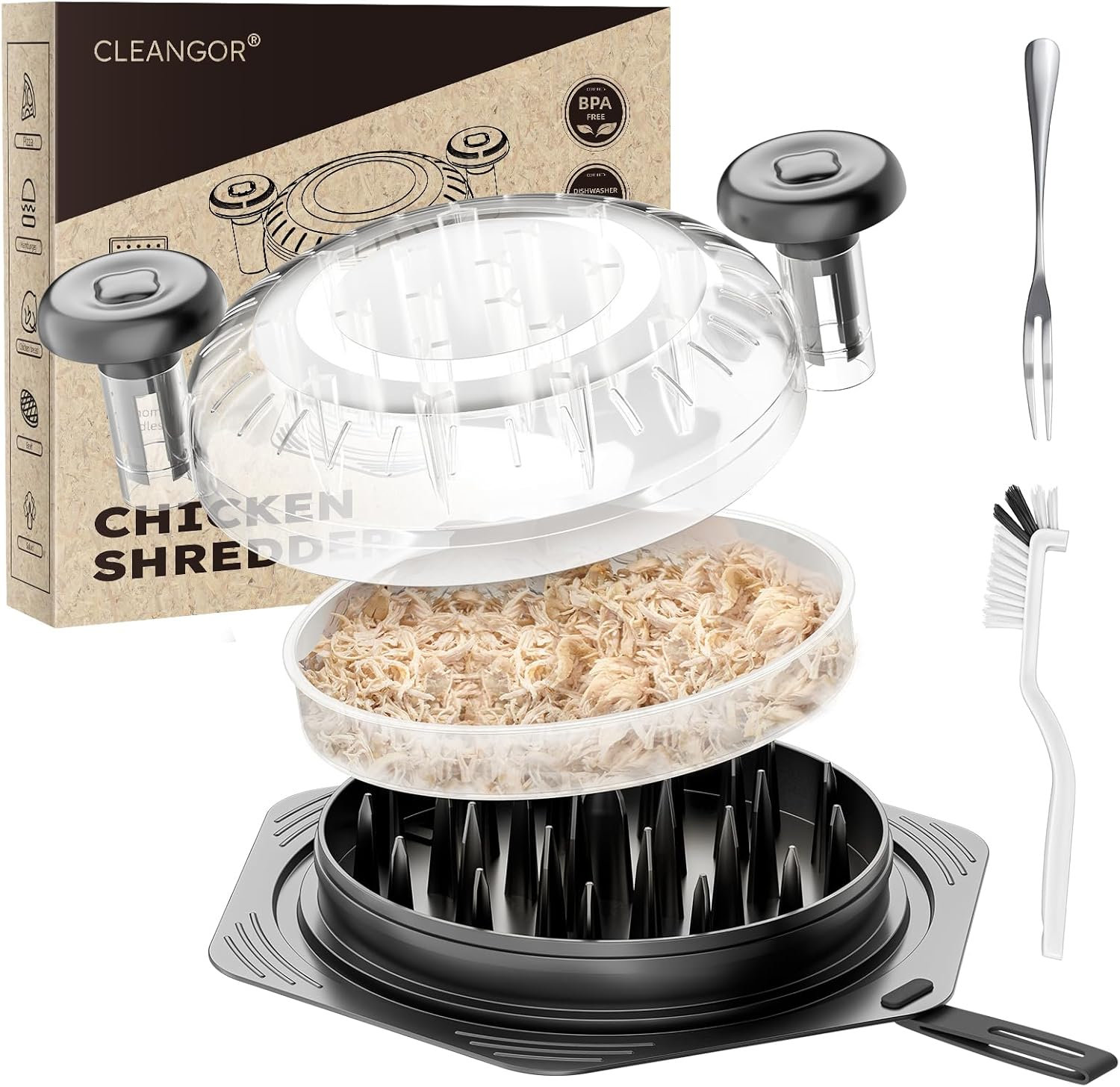 Cleangor Chicken Breast Shredder Tool Twist Large, BPA Free Meat Shredder with Ergonomic Handle, Non-Slip Food Shredder Tool for Pork, Set of Chicken Shredder with Brush & Fork (1, Black)