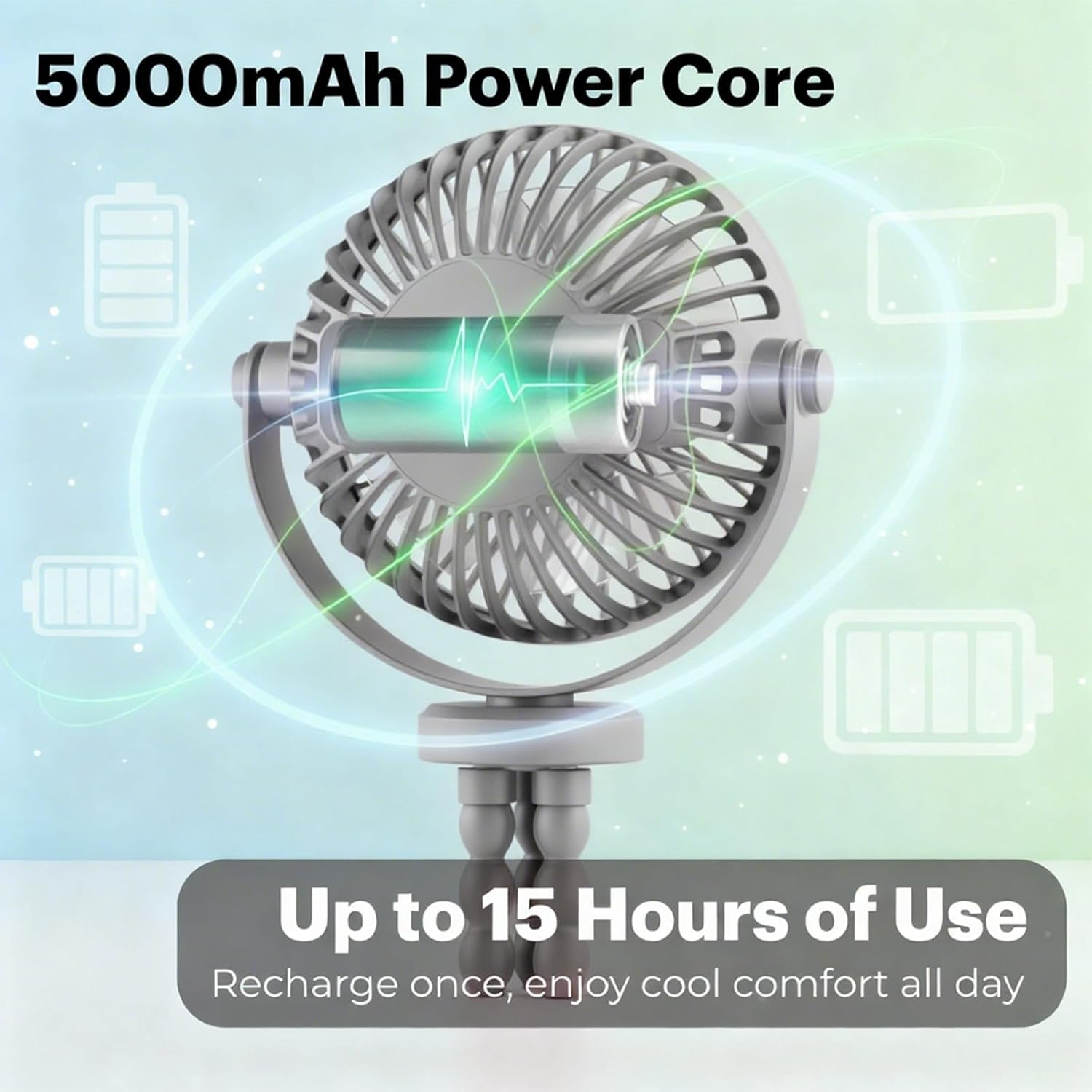 Portable Stroller Fan &ndash; 5000Mah USB-C Rechargeable, 15H Long Battery, Quiet&Baby-Safe Flexible Tripod, 360&deg; Adjustable Cooling for Pram, Nursery, Car Seat & Outdoor Travel (Cool Grey) image number 5