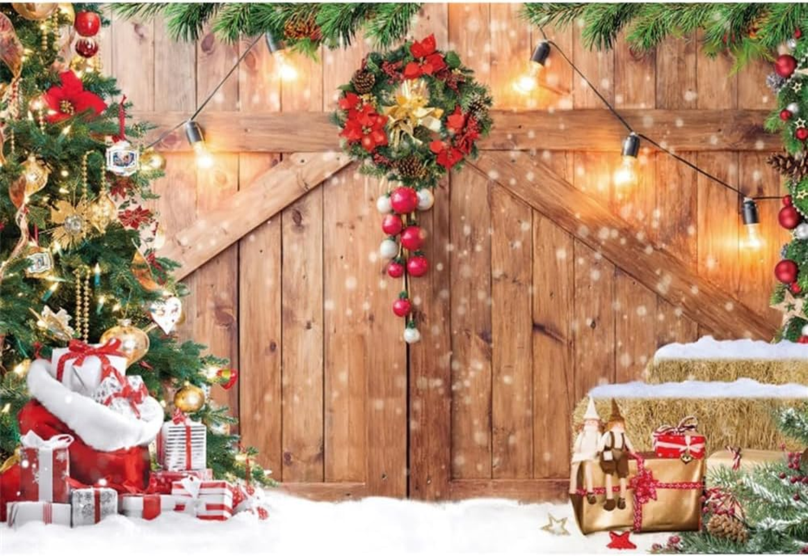 10X8Ft Christmas Barn Wood Door Backdrop Xmas Tree Rustic Wooden Snow Winter Wall Floor Party Photo Background for Holiday New Year Party Banner Family Holiday Party Supplies image number 1