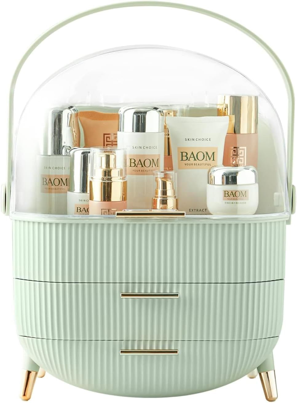 Makeup Organiser Storage Box, Cosmetics Display Case with Cover, Dust Proof Waterproof Cosmetics Storage Box Suitable for Bathroom Countertop and Bedroom Vanity Dresser (Retro Green)