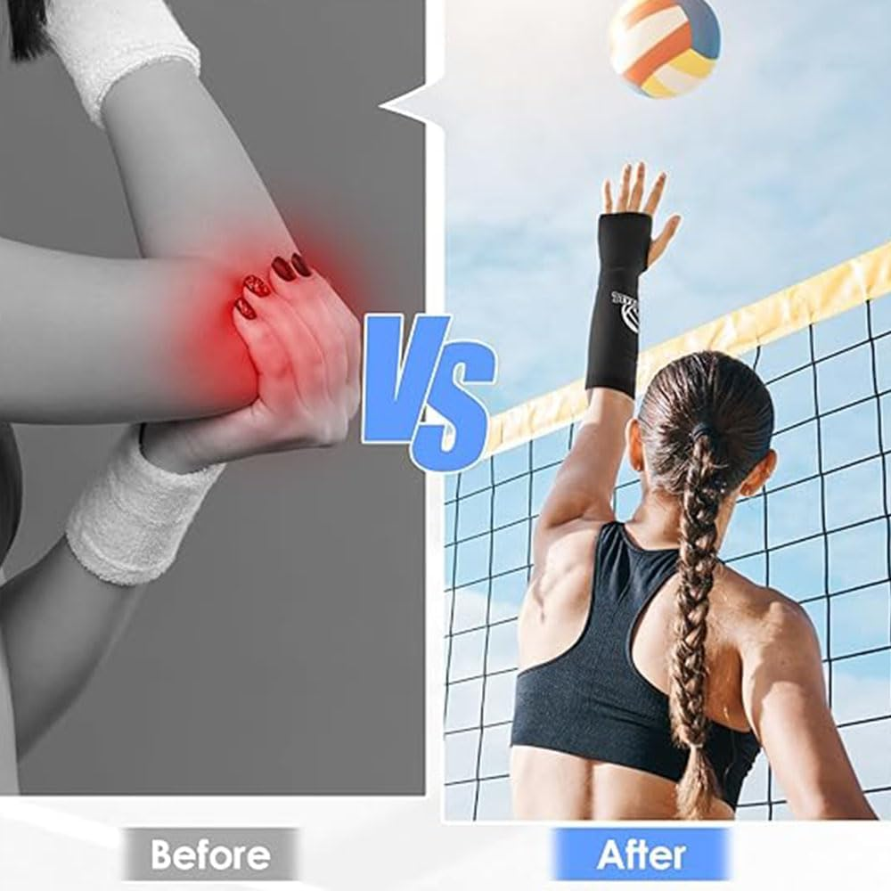 Volleyball Arm Sleeves with Protective Padding, 2 Pairs, Thumbhole Design, Black image number 2