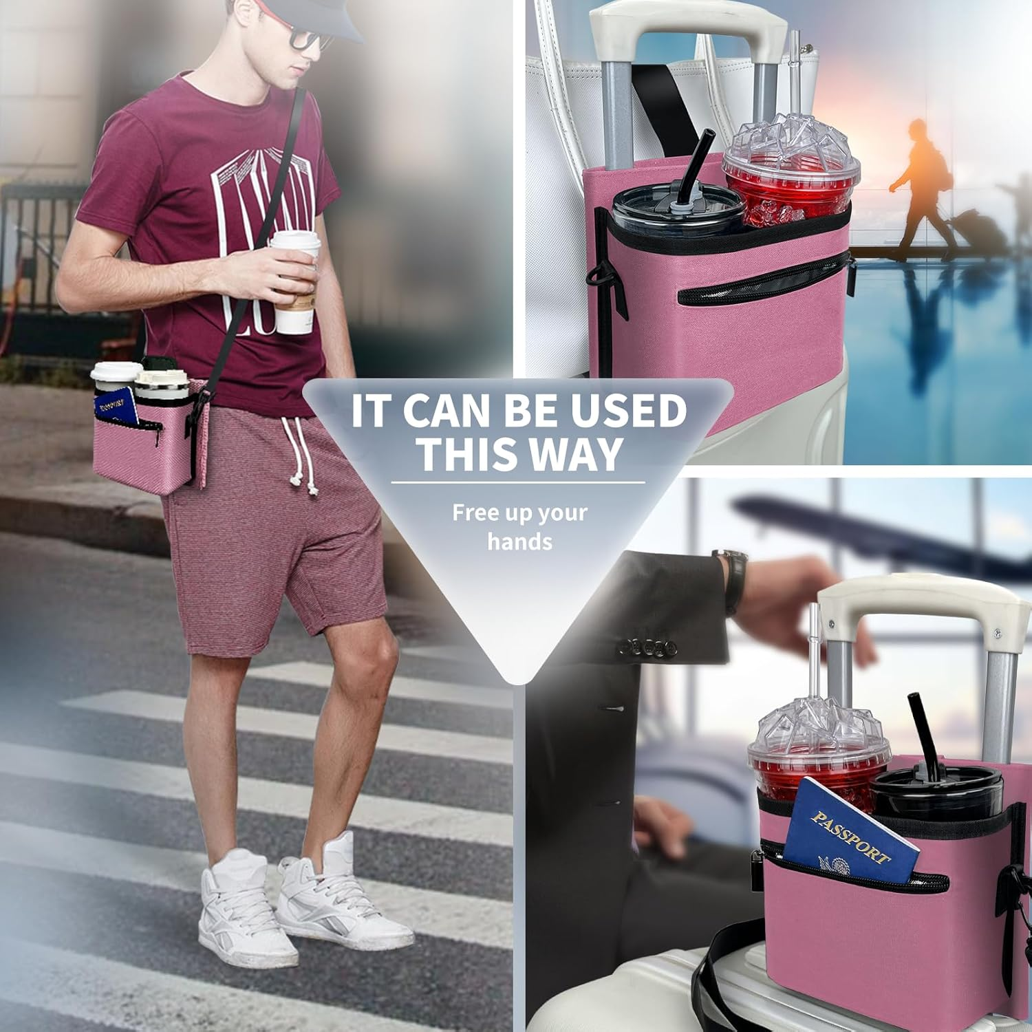 Vethers 3 in 1 Travel Luggage Cup Holder, Luggage Straps, Shoulder Bag for Suitcases Add a Bag，Convenient Travel Carry-On Accessories for Hands-Free Convenience (Pink) - Gray Magnet image number 4