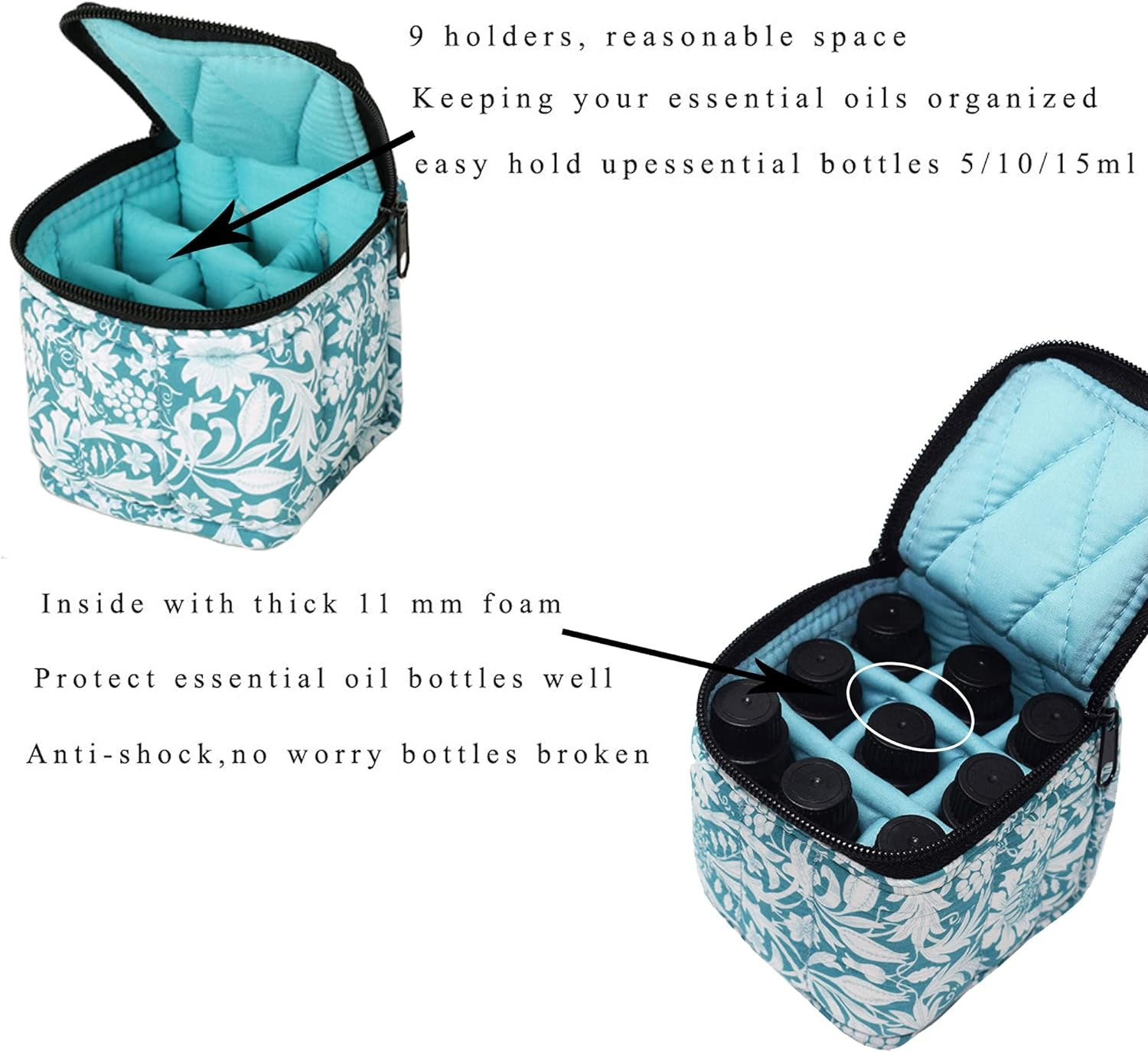 9 Bottles Essential Oil Carrying Case Shockproof Essential Oils Organizer Travel Bag Suitable for 5Ml,10Ml,15Ml Bottles or 10Ml Roller Bottles with Portable Handle and Double Zipper (Aqua Green) - Aqua Green image number 4