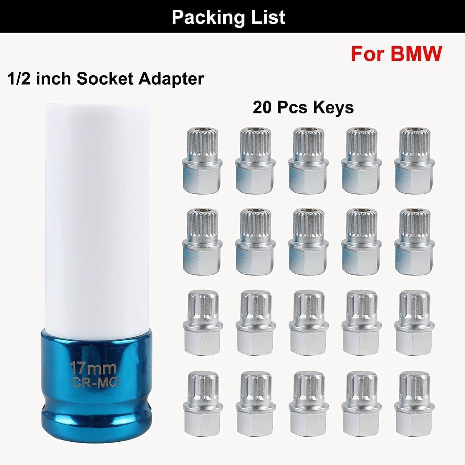 21PCS Wheel Lock Removal Kit, BMW Wheel Lock Key Automotive Wheel Anti-Theft Lock Lug Nut Screw Remover Key Socket Tool Set with 1/2 Inch (12.7Mm) Socket Adapter Compatible for BMW & Mini Series image number 6
