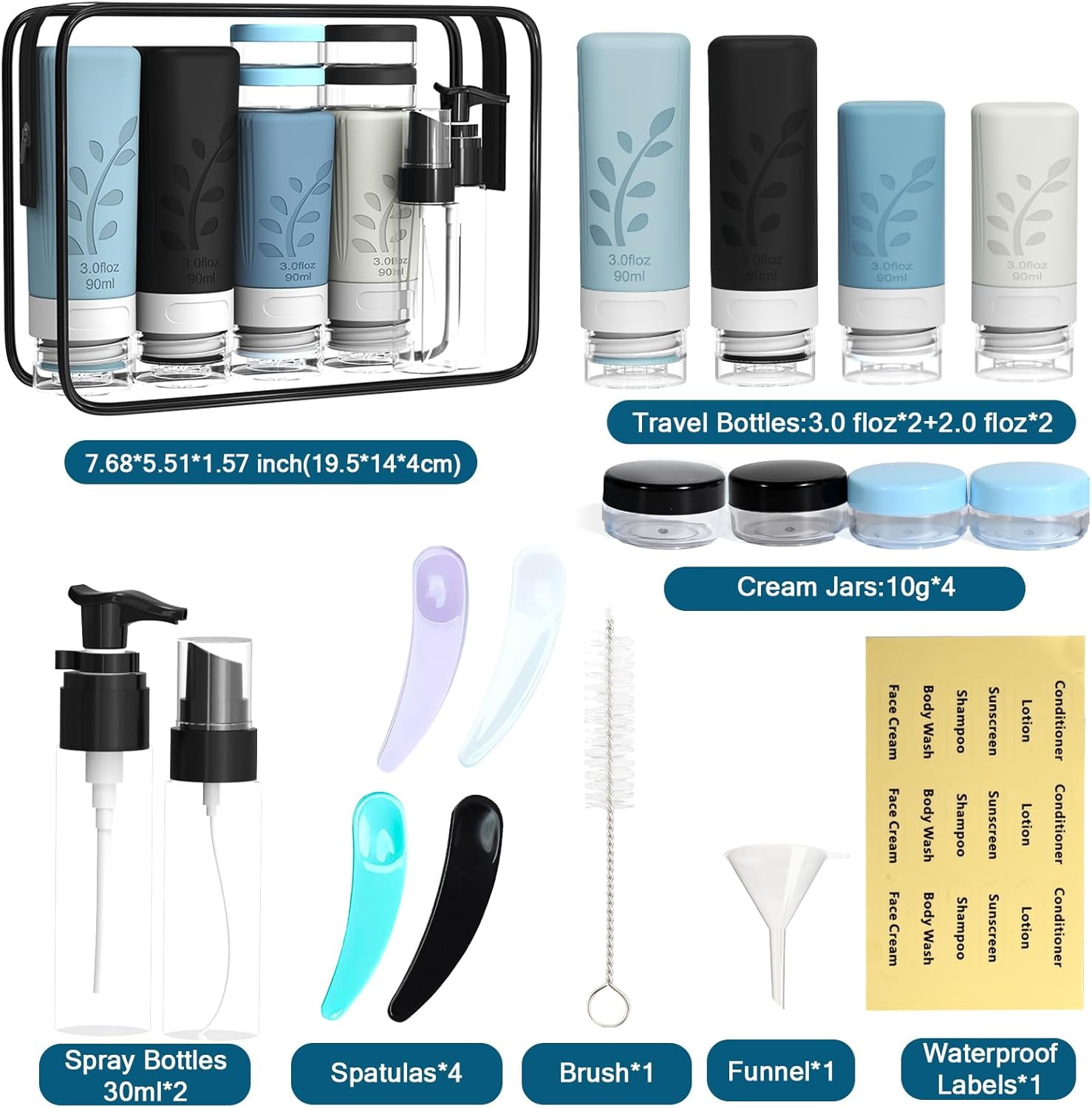 Travel Bottles Set for Toiletries, 18 Pack Travel Essentials Accessories Toiletries Set, Leak Proof Squeezable Silicone Containers with Labels for Shampoo, Conditioner Lotion Soap (Grey Pack) image number 2