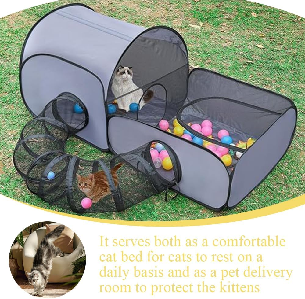 Pet Playpen,Cat Playpen,Cat Enclosure Tent,With Surround Tunnel,For Small Animals,Portable Tent,With Breathable Soft Sides,Outdoor or Indoor,Easy to Store (Grey) image number 4
