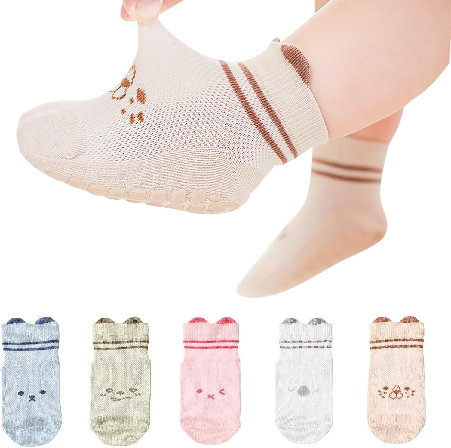 MOMSMENU Baby Socks Unisex Non Slip Toddler Sock Cotton Soft for Infant Kids Boys Girls 5 Pairs