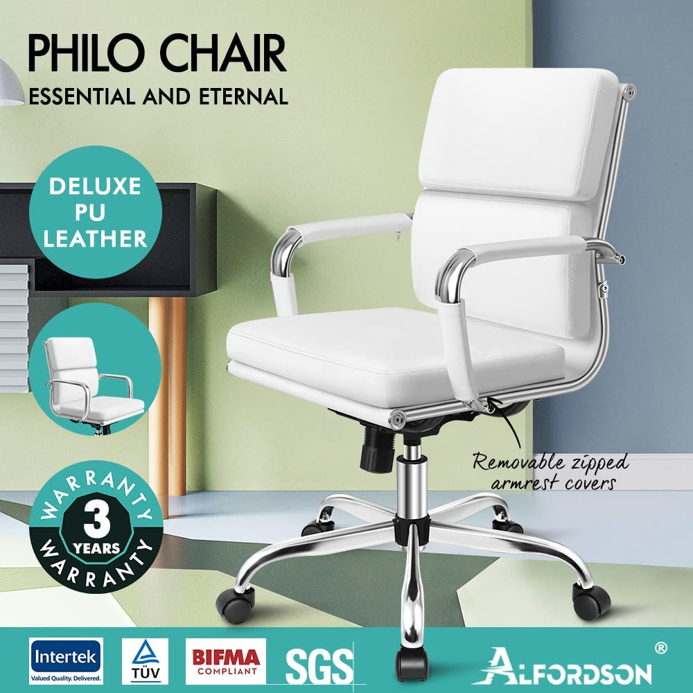 ALFORDSON Office Chair with Height Adjustable SGS Listed Gas Lift, PU Leather Home Ergonomic Desk Chair with Removable Armrest Cover, Padded Computer Chair for Gaming, Max 150Kg(Mid Back Esmae White) image number 6