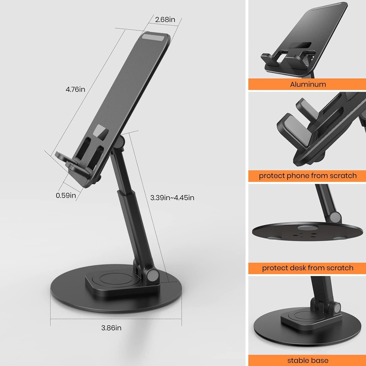 Phone Stand, Fully Foldable Angle Height Adjustable Phone Tablet Holder Stand Dock with 360&deg;Rotating Base, Cellphone Cradle Desktop Dock for Iphone 15 14 Pro Max, 13 12, 4-8 Smartphone & Tablet image number 4