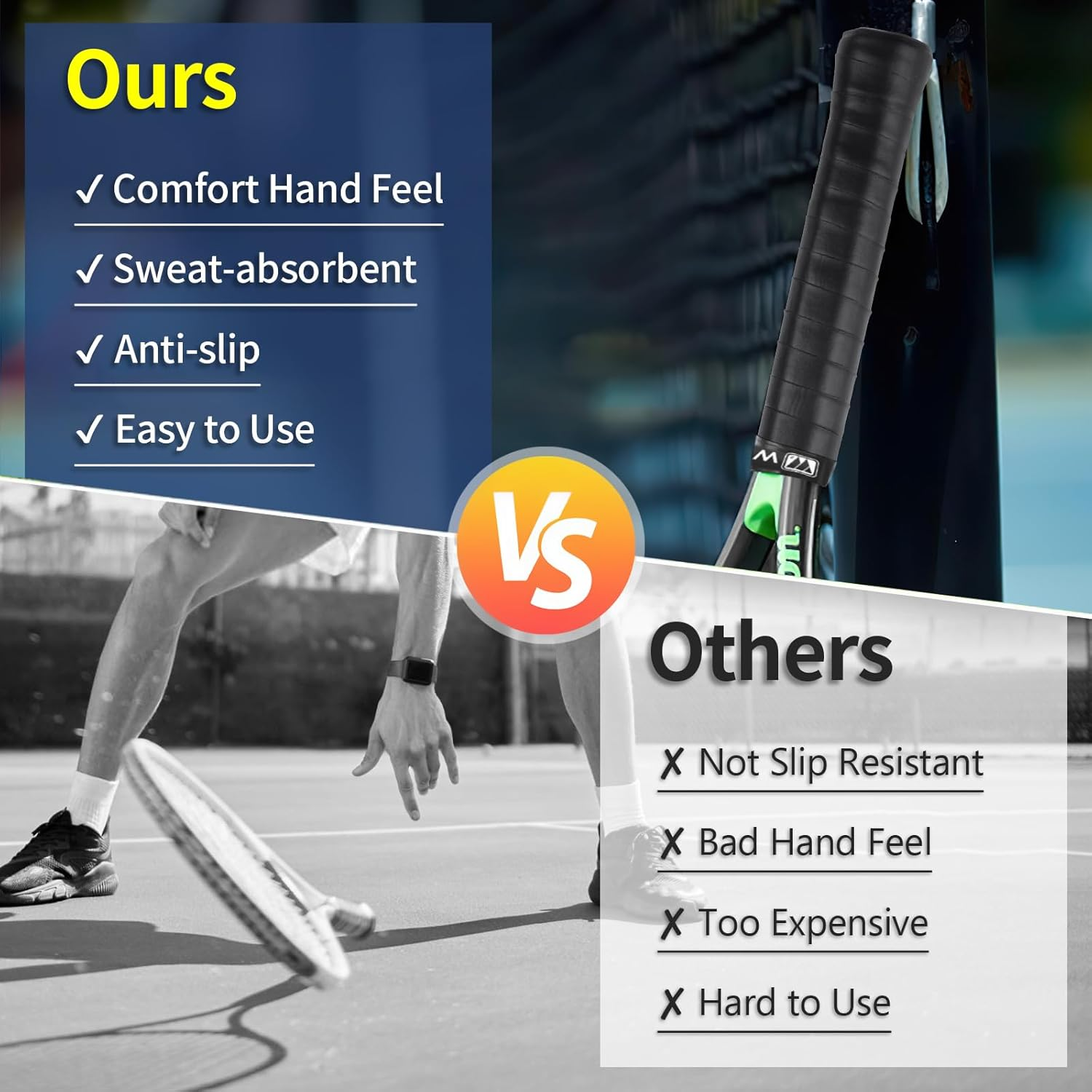 Tennis Racket Grip Tape, 6 Pack Precut anti Slip Tennis Grip Tape, Super Absorbent Dry Feel Tennis Grips Overgrip for Tennis, Badminton, Pickleball, Black image number 1