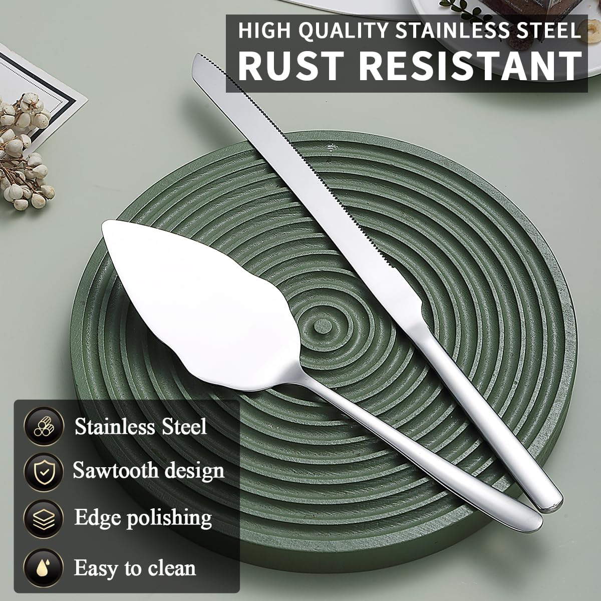 Evanda Wedding Cake Knife and Server Set 2 Pieces, Stainless Steel Cake Slice and Pie Server for Wedding, Party, Birthday, Dishwasher Safe image number 6