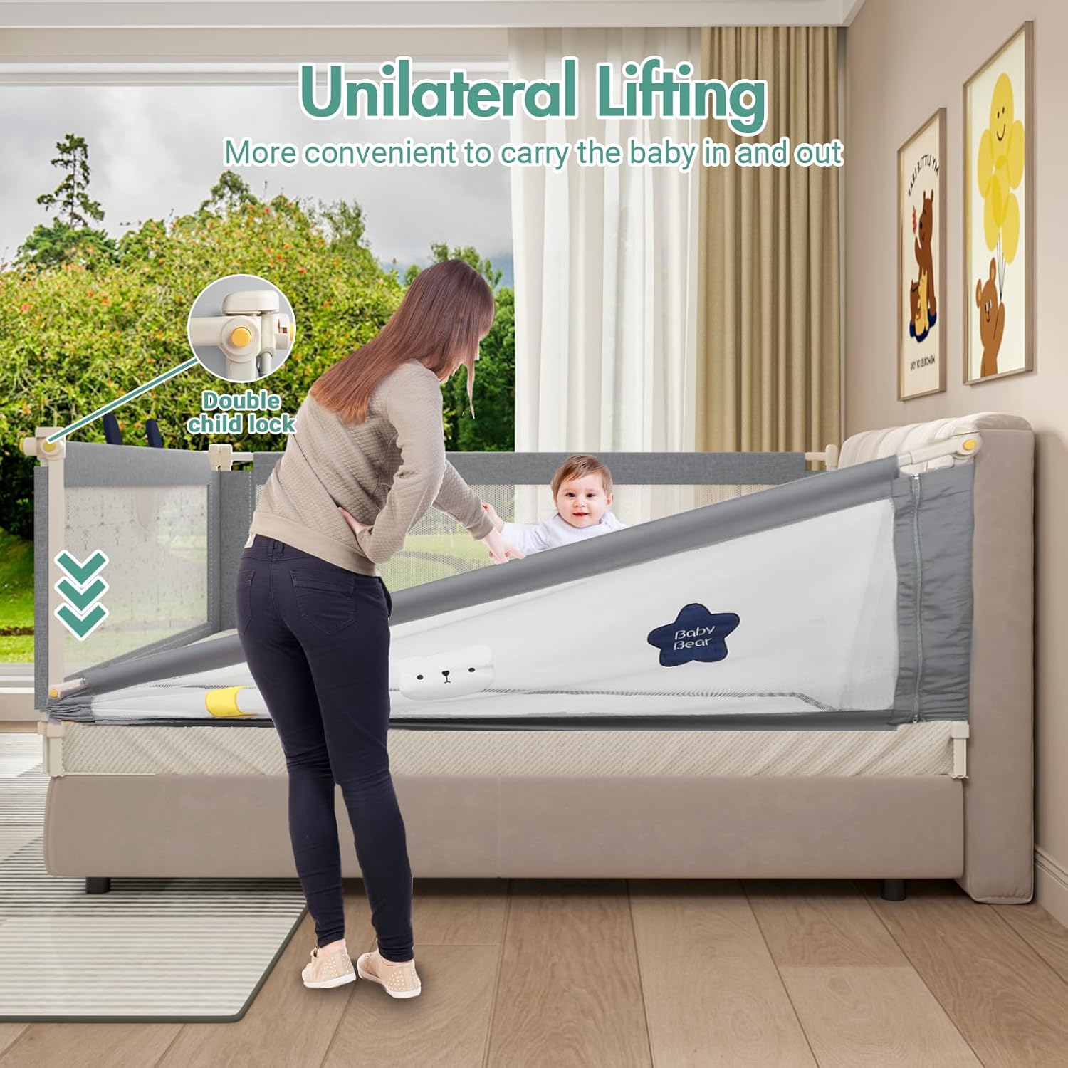 3Pcs Toddler Bed Rail, Cot Fence Barrier Adjustable Height Double Lock Foldable, Bedside Safety Protection Facilities, 179.5X198Cm Grey image number 4