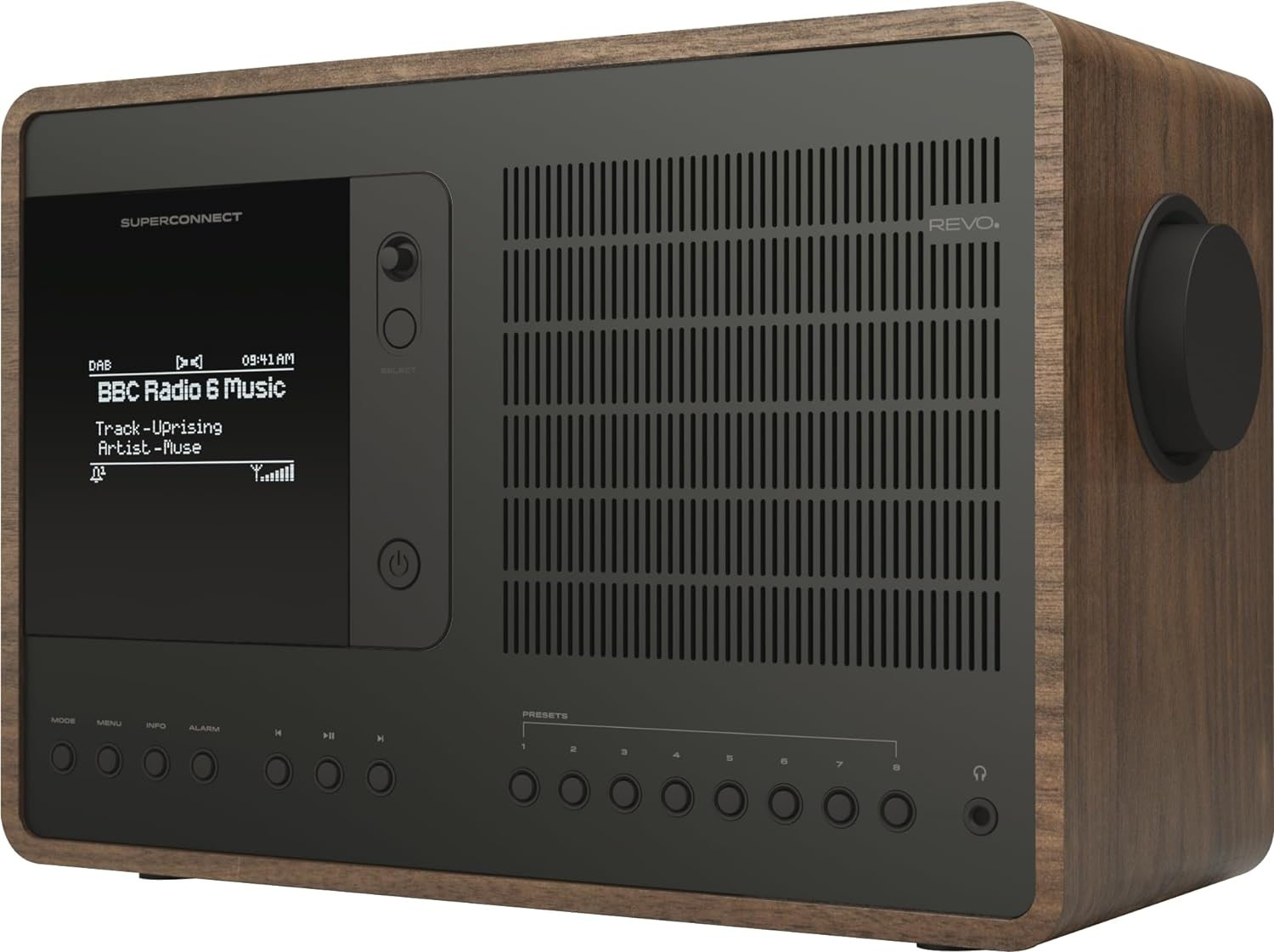 Revo Superconnect - Deluxe Multi-Format Table Radio with DAB/DAB+/FM, Internet Radio, Spotify Connect, DNLA Wireless Streaming, Bluetooth with Aptx & Ios/Android App Control - Walnut/Black