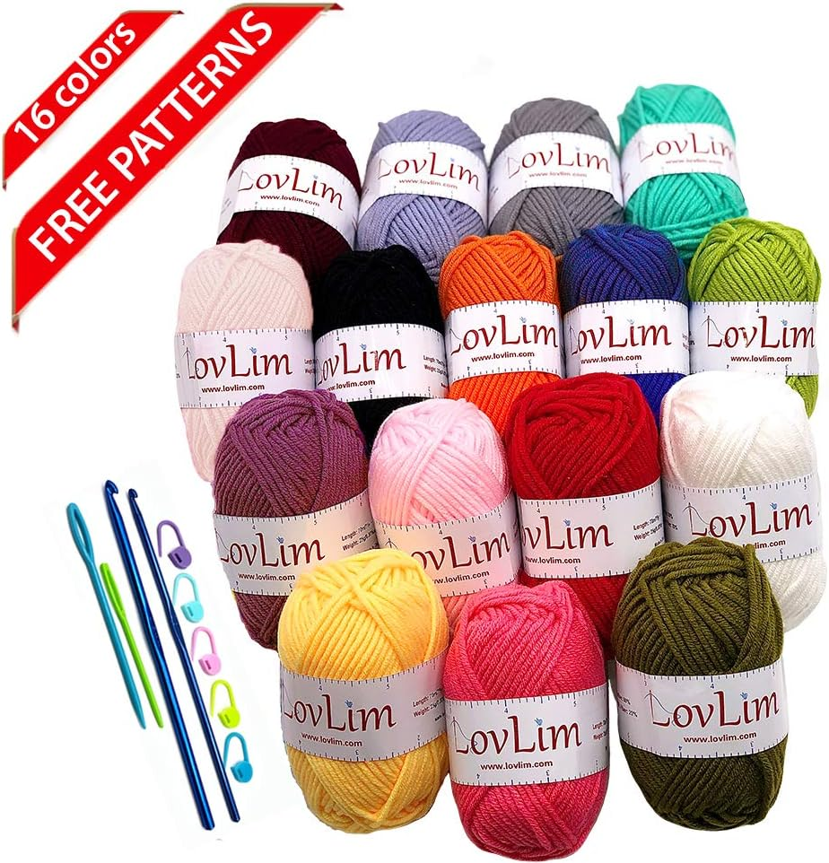 Lovlim Crochet Yarn Kit, 16 Soft Cotton Yarn Skeins,1000+ Yards, for Crochet and Knitting, Free Crochet/Amigurumi Patterns, Craft DK Yarn Perfect Starter Kit image number 6