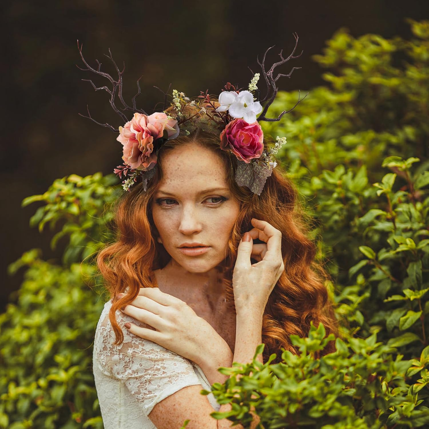 Korvishow Deer Antlers Branches Headband Flower Crowns for Women Woodland Forest Fairy Cosplay Costume Floral Headpiece Renaissance Accessories Party Wedding Hairband - Pink image number 4