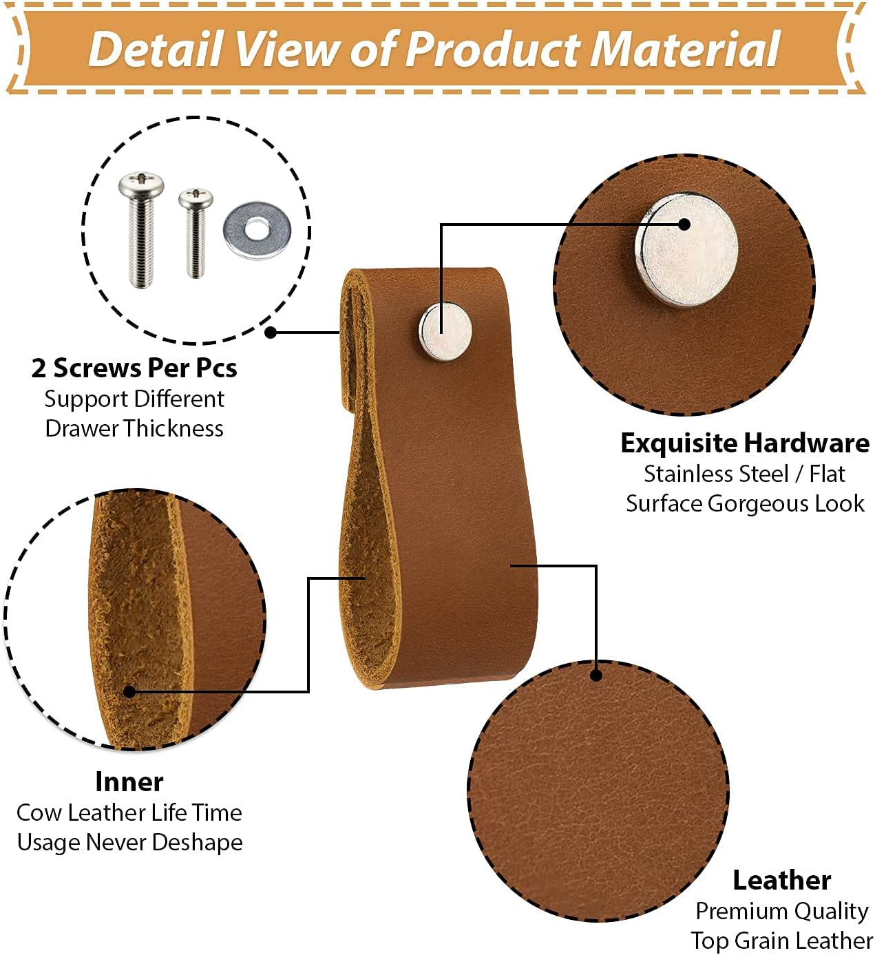 Lazakay Leather Drawer Pulls - 8 Pcs Leather Dresser Knobs, Handmade Pure Leather Handles for Cabinet, Doors and Drawers (Brown) - Gold image number 4