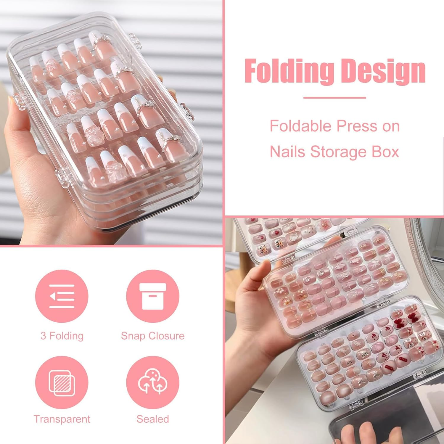 Tri-Fold Press on Nail Organizer Case, Clear Nail Storage Organizer & Nail Box, 4-Page Portable Nail Case for Press on Nails, Nail Display Book with Adhesive Strips for Travel image number 2