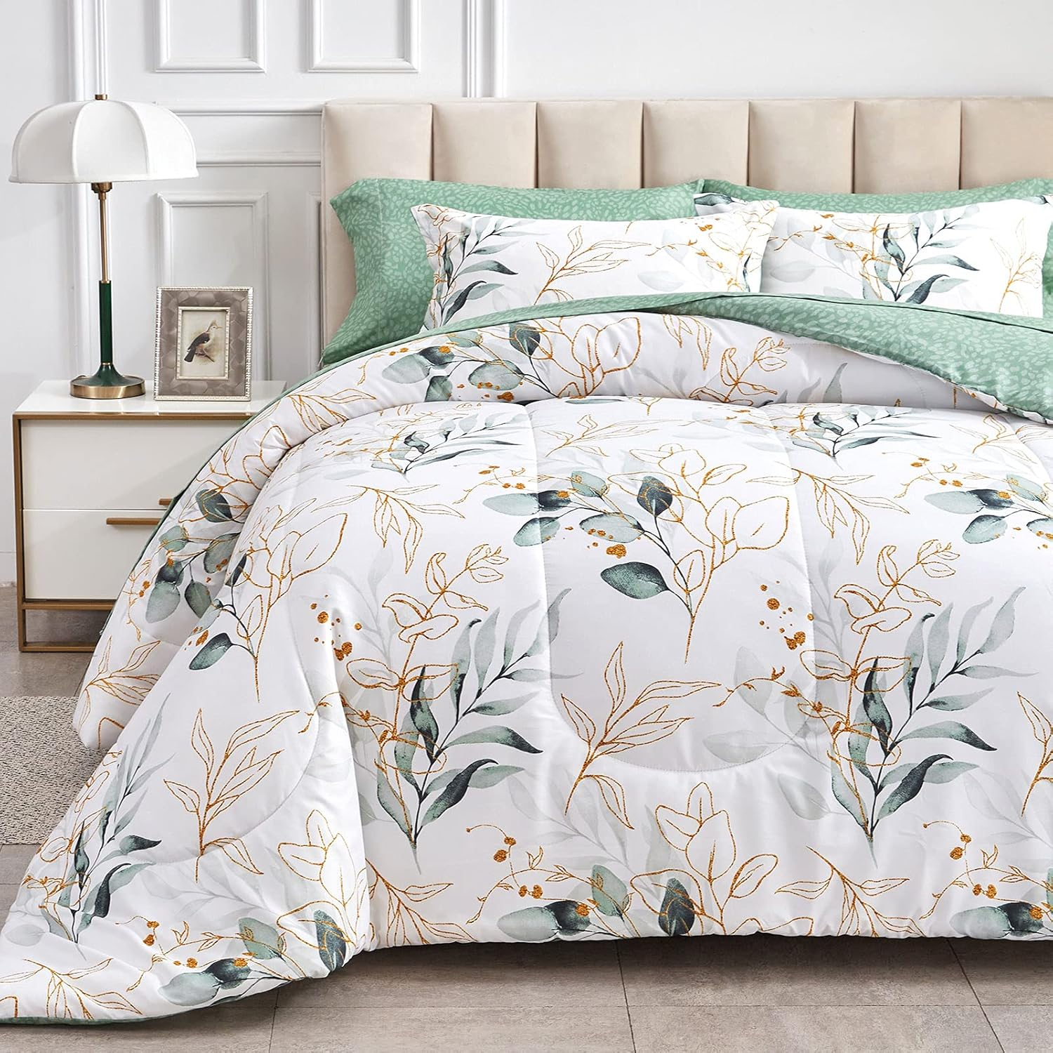 Joyreap 7 Piece Bed in a Bag Queen, Green Leaves Printed on White Botanical Design, Microfiber Set for All Season (1 Comforter, 2 Pillow Shams, 1 Flat Sheet, 1 Fitted Sheet, 2 Pillowcases) image number 5