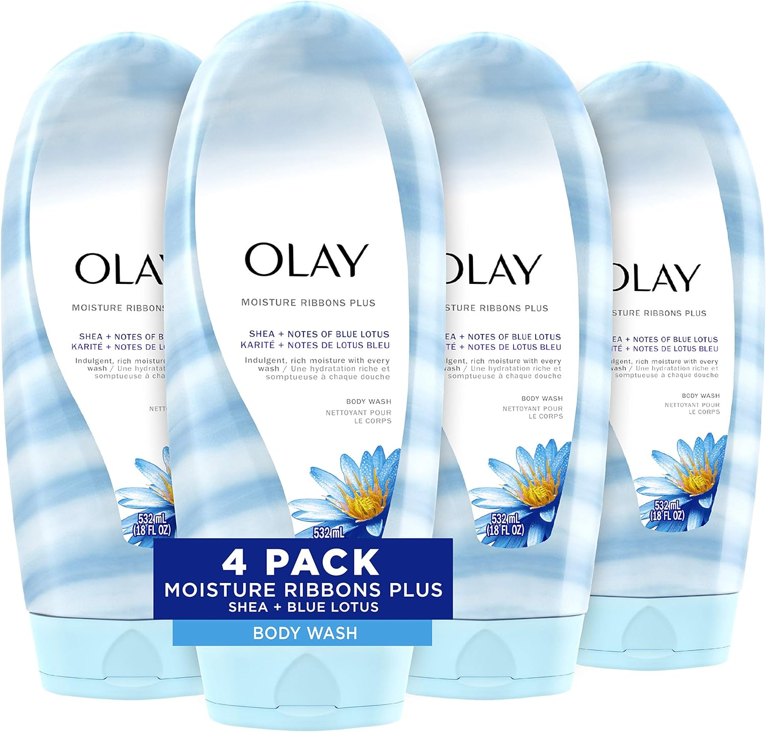 Olay Body Wash for Women, Moisture Ribbons Plus, Deep Conditioning & Moisturizing Formula, Long Lasting Smooth Soft Skin, for All Skin Types, Shea Butter & Blue Lotus Scent, 18 Fl Oz (Pack of 4) image number 4