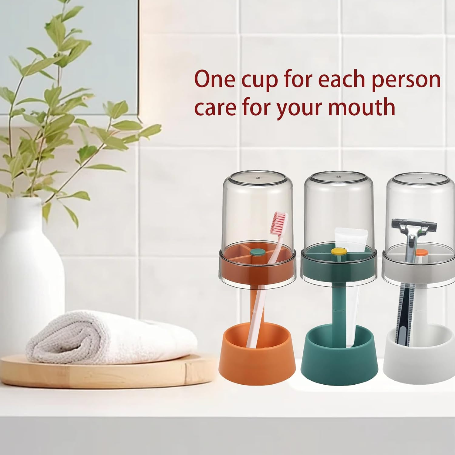 Toothbrush Holders with Cover/Cup & 3 Slots, Covered Tooth Brush Holder for Bathroom, Portable Travel Toothbrush Case, Small Electric Toothbrushes Storage Toothpaste Organizer Stand, Blue - Orange image number 4