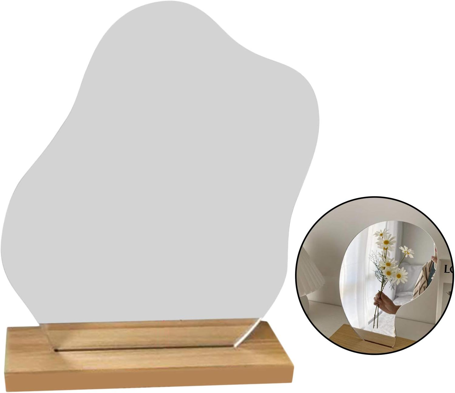 F Fityle Irregular Acrylic Makeup Mirror Korean Ins Style Simple Mirror with Wooden Base Vanity Mirror Desktop Beauty Mirror Shooting Props - 24X19Cm image number 4
