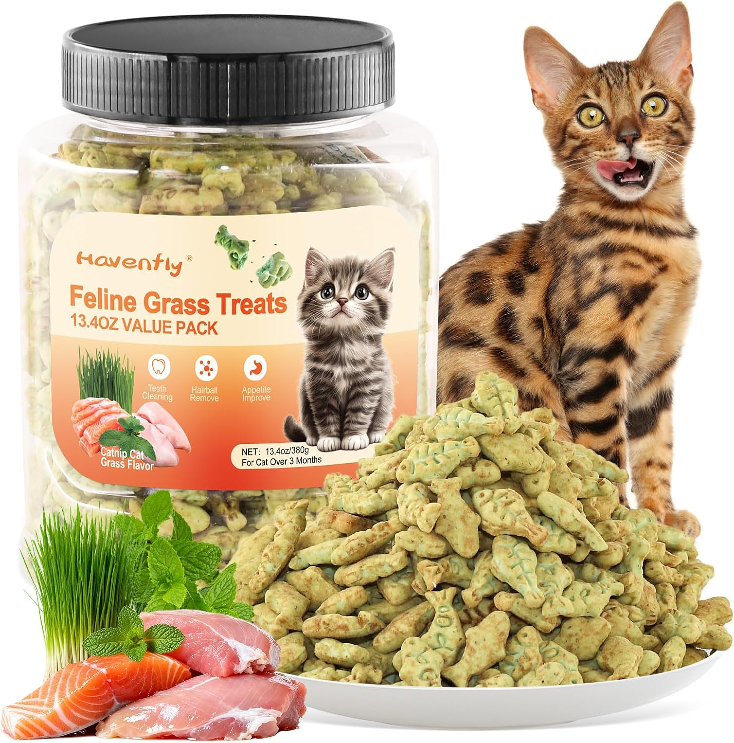 380G Cat Grass Treats, Chicken Catnip Cat Grass Flavor Feline Dental Treats, Cats Treats Snacks Biscuits for Dental Care and Hairball Control
