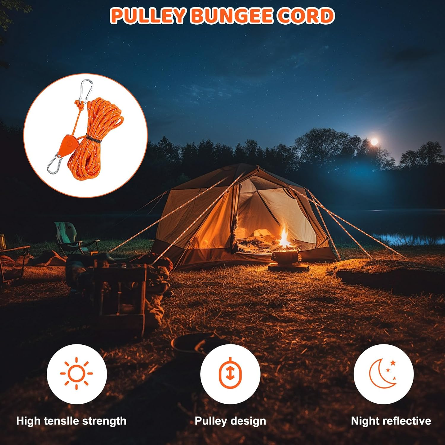 Pack of 6 Rope Ratchet with Hooks, Reflective Guy Ropes, Rope Ratchet Hanger Hanger, Diameter 4 Mm Rope Ratchet with Hook, Rope Ratchet for Tents, Fans, Plant Lights, 150 Lb 3.12 Ft/4M-O image number 4