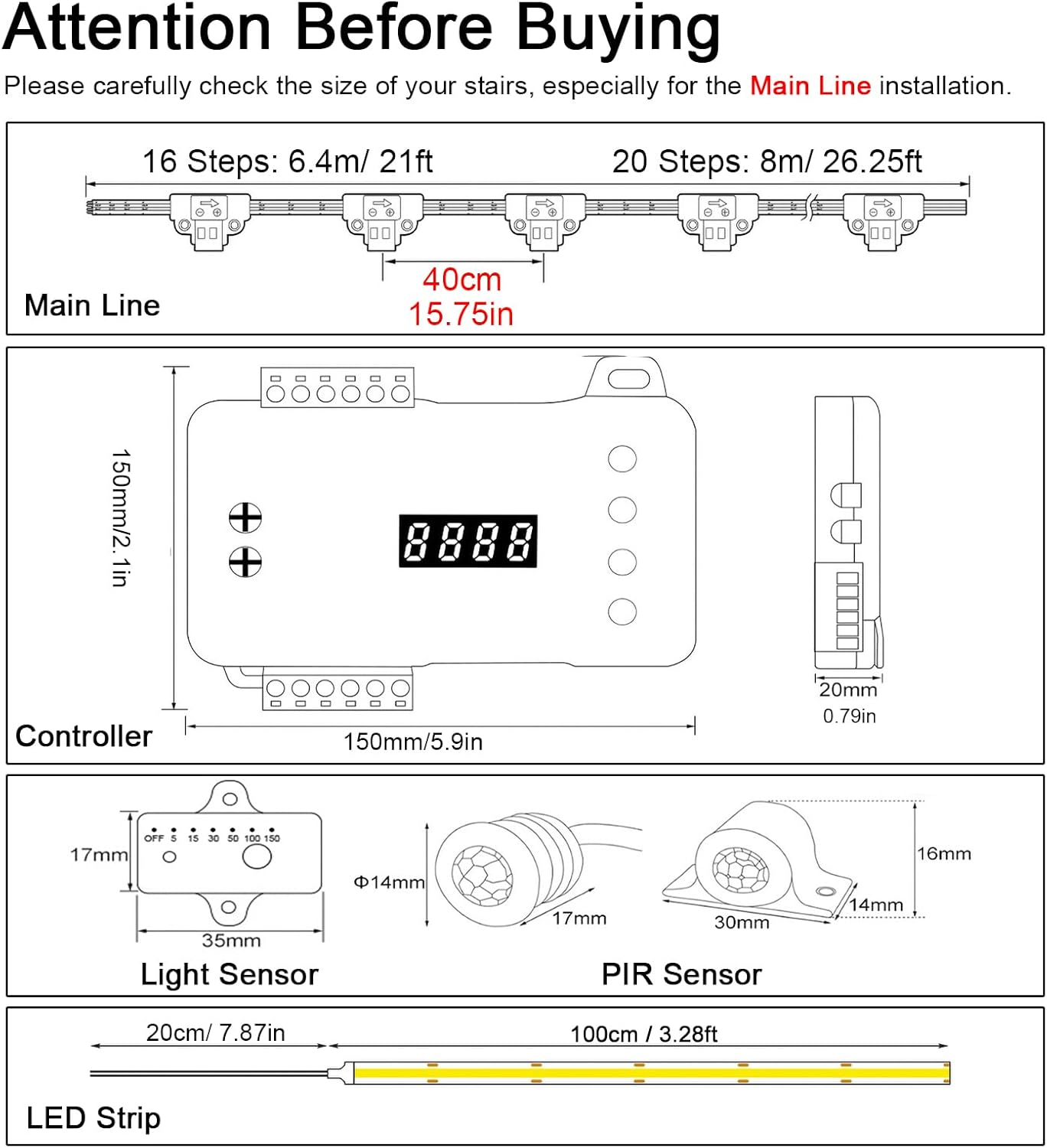 Intelligent Motion Sensor LED Stair Light Kit, Easy Installation with Main Wire, Daylight Sensor & Remote Control, 16 Steps Indoor Staircase Lighting, High Bright Warm White COB Strip CRI>90 image number 5