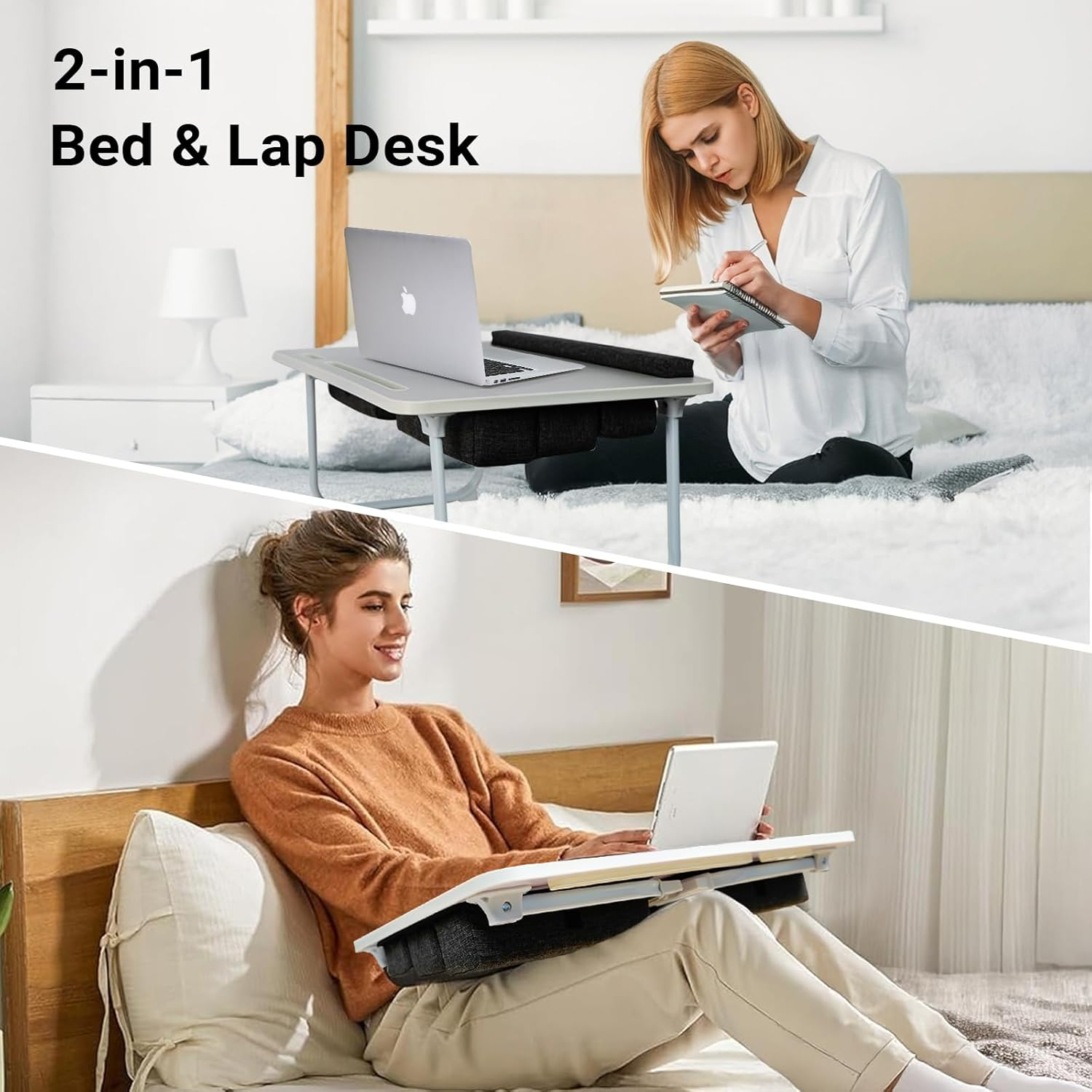 Ixtra 2-In-1 Bed Table & Lap Desk with Soft Cushions, 17Inch Laptop Desk for Bed, Foldable with Wrist Rest, Computer Tray Table with Usb-Tablet & Phone Holder, Ideal for Bed Desk, Sofa & Chair-60*40Cm image number 2