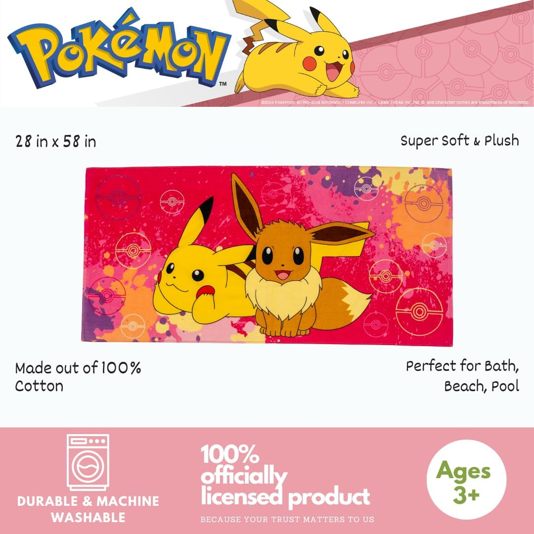 Franco Pokemon Girl Anime Kids Super Soft Cotton Bath/Pool/Beach Towel, 58 in X 28 In, (Officially Licensed Product) image number 1