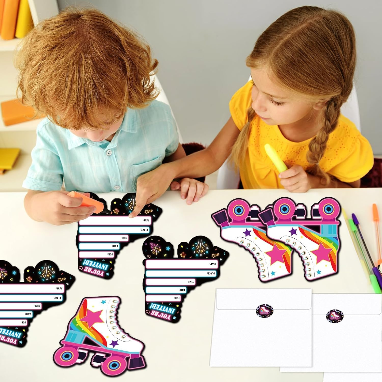 Lonfliness 30Pcs Neon Roller Skating Birthday Party Invitations Skate Invitation for Boys Girls Kids Glow Skating Birthday Party Invite Supplies Skate Party Favors 30 Cards with Envelopes and Stickers image number 4