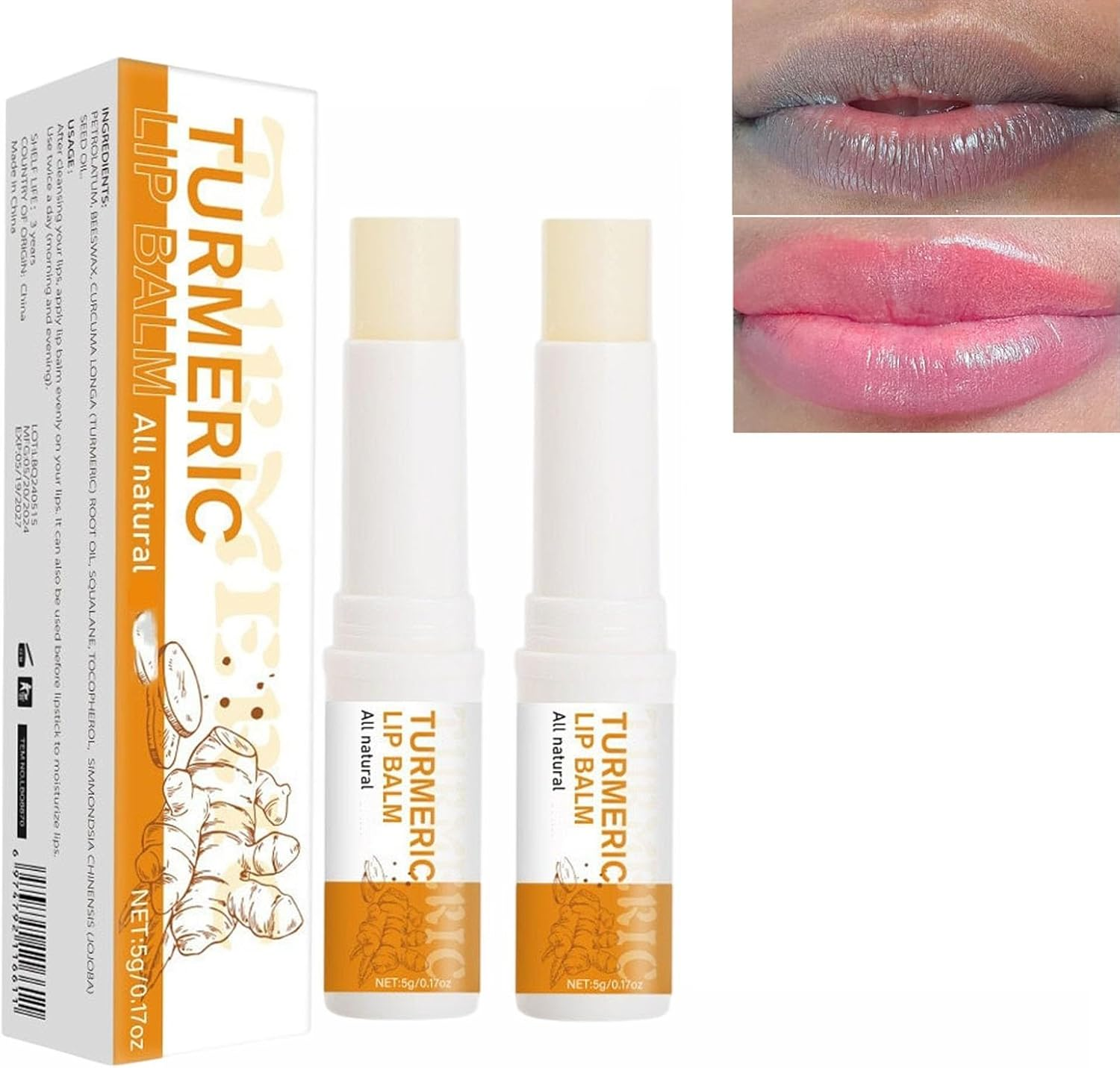 Turmeric Root Oil Lip Balm Stick and Exfoliating Scrub, Nourishing, Soothing & Moisturizing Lip Care Duo, Hydrating Balm Stick & Gentle Exfoliating Scrub for Dry or Chapped Lips (3PCS)